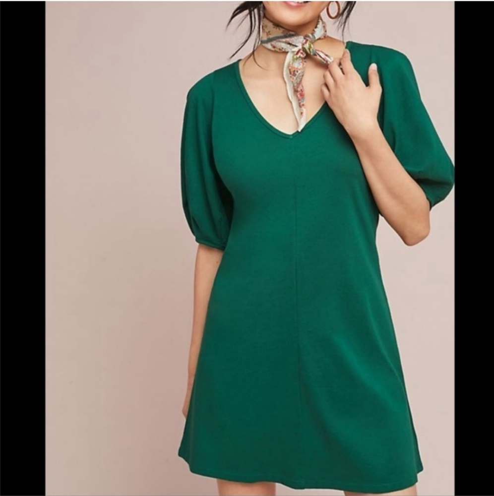 Velvet By Graham & Spencer Anthropologie Green V-neck Puff Sleeve Mini Dress XS